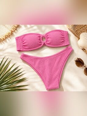 NWT Wild Fable Pink Crinkle Bikini Set Medium Bandeau High Leg Swim